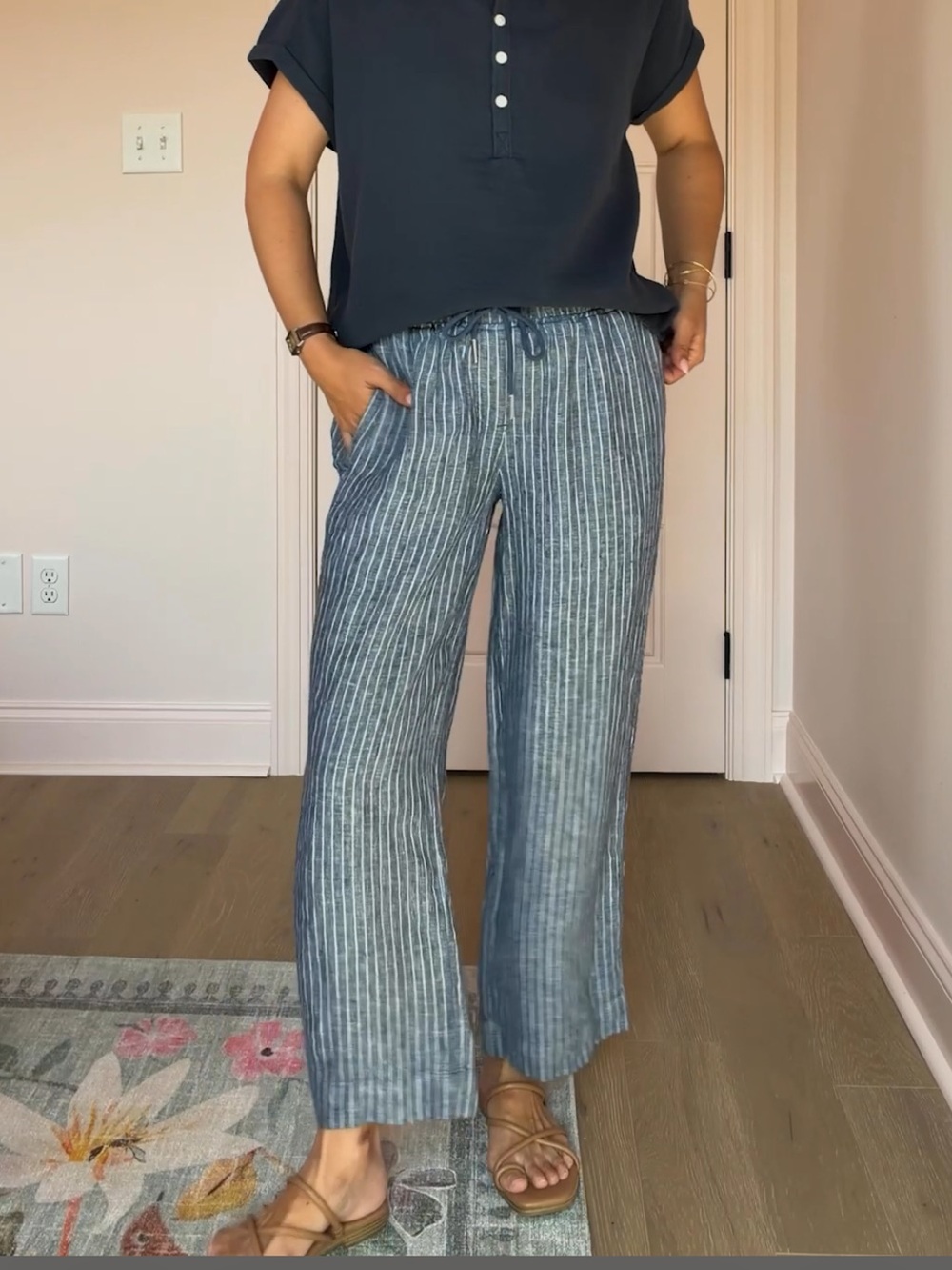 Quince Blue White Stripe Wide Leg Chambray Linen Pants Womens Large Pull On Crop